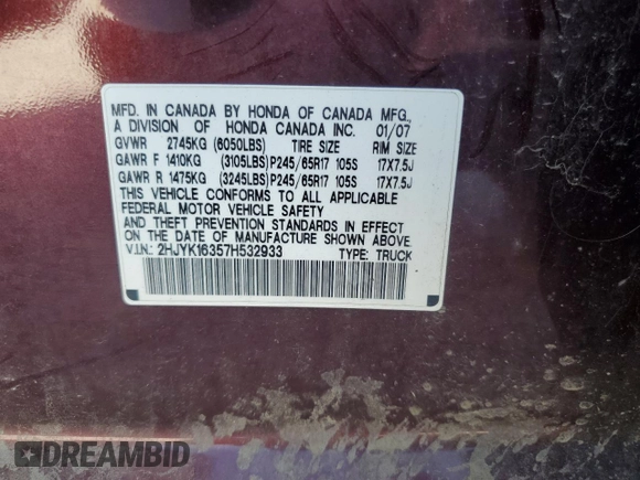 2007 Honda Ridgeline RTX with VIN 2HJYK16357H532933, listed as a Copart auction lot 73053444 with 0 mi miles and Salvage Title. Bid and sale history available at carsss.com. Image 13.