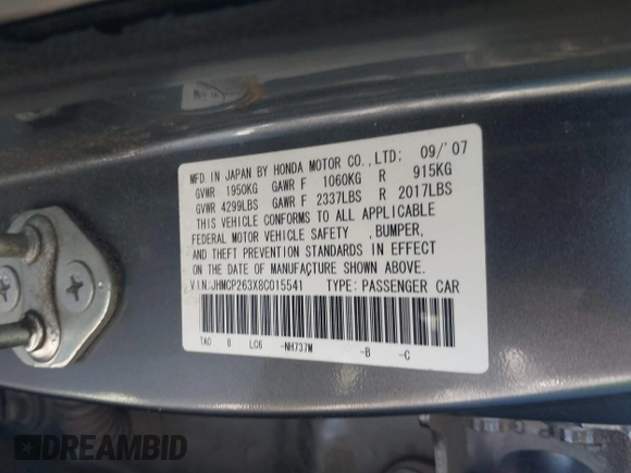 2008 Honda Accord LX z VIN JHMCP263X8C015541, wystawiony jako IAAI lot #42328358 z przebiegiem 179 747 mil mil oraz . Historia ofert i sprzedaży dostępna na DreamBid. Obrazek 9.