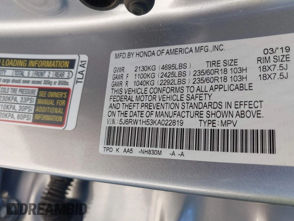 2019 Honda CR-V EX with VIN 5J6RW1H53KA022819, listed as a IAAI auction lot 41733347 with 44,500 mi miles. Bid and sale history available at carsss.com. Image 9.
