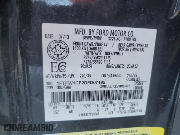 2013 Ford F-150 XL with VIN 1FTFW1CF2DFD07185, listed as a Copart auction lot 46261025 with 282,067 mi miles and Salvage Title. Bid and sale history available at carsss.com. Image 12.