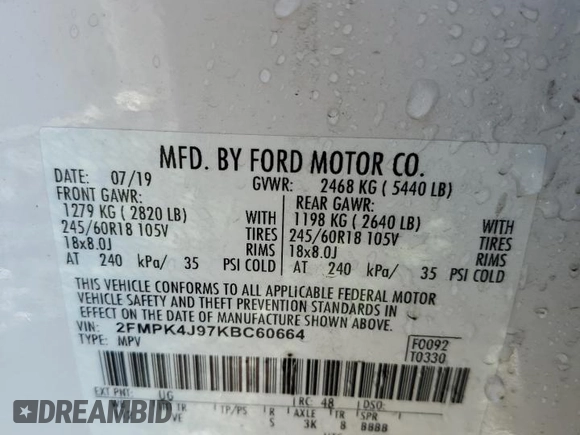 2019 Ford Edge SEL z VIN 2FMPK4J97KBC60664, wystawiony jako Copart lot #48403075 z przebiegiem 66 300 mil mil oraz Szkoda całkowita • Salvage title. Historia ofert i sprzedaży dostępna na DreamBid. Obrazek 14.