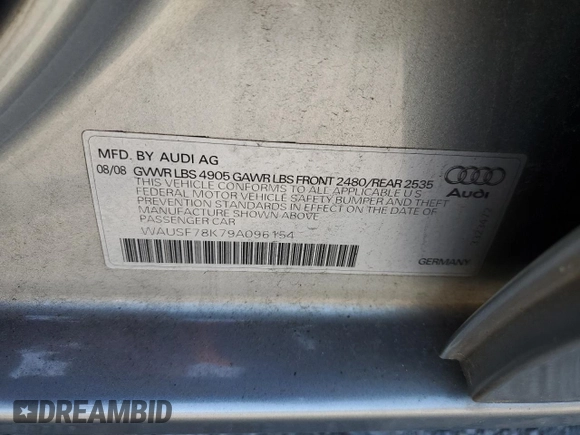2009 Audi A4 2.0T Prem Plus with VIN WAUSF78K79A096154, listed as a Copart auction lot 53954615 with 183,738 mi miles and Clean Title. Bid and sale history available at carsss.com. Image 12.