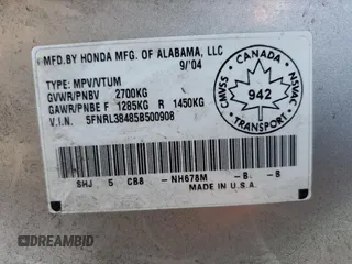 2005 Honda Odyssey EX with VIN 5FNRL38485B500908, listed as a Copart auction lot 55321385 with 448,908 mi miles and Salvage Title. Bid and sale history available at carsss.com. Image 13.
