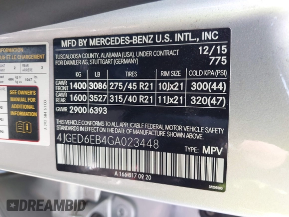 2016 Mercedes-Benz GLE 450 AMG with VIN 4JGED6EB4GA023448, listed as a IAAI auction lot 42618802 with 58,749 mi miles and . Bid and sale history available at DreamBid. Image 9.