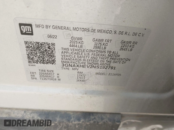 2022 Chevrolet Equinox LS with VIN 3GNAXHEV2NS192791, listed as a IAAI auction lot 42078843 with 33,137 mi miles and . Bid and sale history available at DreamBid. Image 9.