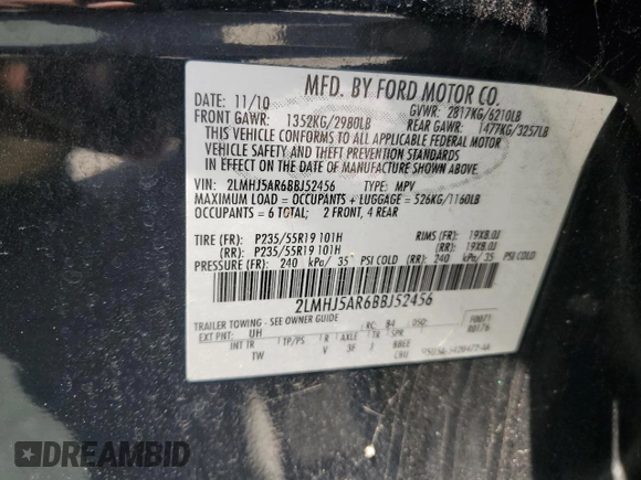 2011 Lincoln MKT with VIN 2LMHJ5AR6BBJ52456, listed as a Copart auction lot 52128585 with 42,172 mi miles and Salvage Title. Bid and sale history available at DreamBid. Image 13.