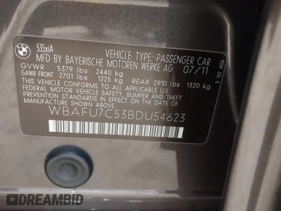 2011 BMW 5 Series 535i xDrive with VIN WBAFU7C53BDU54623, listed as a IAAI auction lot 41979314 with 202,522 mi miles. Bid and sale history available at carsss.com. Image 9.