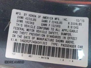 2016 Honda Accord Sedan LX with VIN 1HGCR2F34GA041303, listed as a IAAI auction lot 41947300 with 110,502 mi miles. Bid and sale history available at carsss.com. Image 9.