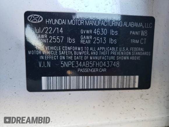 2015 Hyundai Sonata Sport with VIN 5NPE34AB5FH043748, listed as a Copart auction lot 42813165 with 91,769 mi miles and Salvage Title. Bid and sale history available at carsss.com. Image 14.