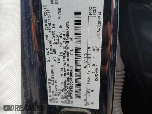 2022 Ford F-150 XL с VIN 1FTFW1ED5NFB06202, выставлен на аукционе Copart как лот 63592115 с пробегом Не указан миль и Списание • Salvage title. История ставок и продаж доступна на DreamBid. Изображение 12.