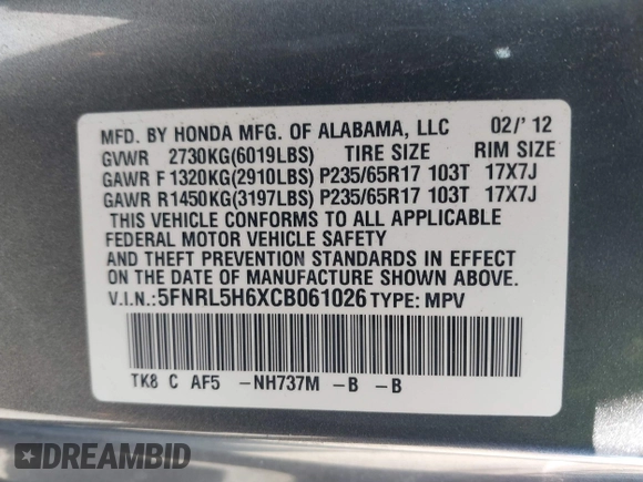 2012 Honda Odyssey EX-L with VIN 5FNRL5H6XCB061026, listed as a IAAI auction lot 42574612 with 144,480 mi miles and . Bid and sale history available at DreamBid. Image 9.