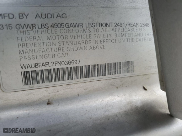 2015 Audi A4 Premium with VIN WAUBFAFL2FN036697, listed as a Copart auction lot 48912375 with 171,553 mi miles and Salvage Title. Bid and sale history available at carsss.com. Image 12.