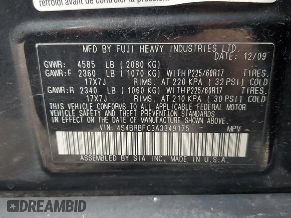 2010 Subaru Outback Premium All-Weather Anniversary with VIN 4S4BRBFC3A3349175, listed as a Copart auction lot 84007474 with 123,926 mi miles and Salvage title. Bid and sale history available at DreamBid. Image 13.
