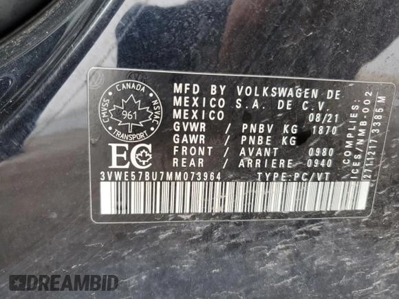 2021 Volkswagen Jetta SEL with VIN 3VWE57BU7MM073964, listed as a Copart auction lot 54415765 with 203,588 mi miles and Clean title. Bid and sale history available at DreamBid. Image 12.