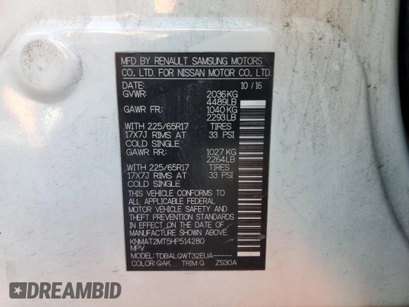 2017 Nissan Rogue SV with VIN KNMAT2MT5HP514280, listed as a Copart auction lot 47095455 with 144,396 mi miles and Salvage title. Bid and sale history available at DreamBid. Image 14.