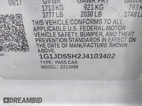 2018 Chevrolet Sonic LT with VIN 1G1JD5SH2J4103402, listed as a IAAI auction lot 41997793 with 125,347 mi miles and . Bid and sale history available at DreamBid. Image 9.