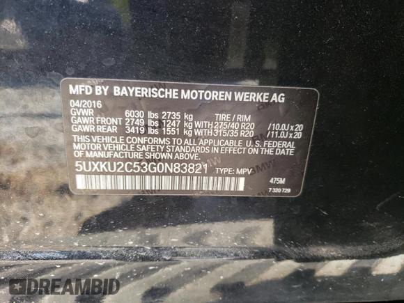 2016 BMW X6 xDrive35i with VIN 5UXKU2C53G0N83821, listed as a Copart auction lot 50900233 with 135,768 mi miles. Bid and sale history available at carsss.com. Image 15.
