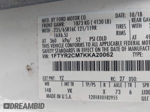 2019 Ford Transit with VIN 1FTYR2CM7KKA20062, listed as a IAAI auction lot 42028348 with 177,377 mi miles and . Bid and sale history available at DreamBid. Image 9.