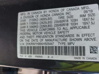2019 Honda CR-V Touring with VIN 2HKRW1H96KH505447, listed as a IAAI auction lot 41876110 with 56,104 mi miles. Bid and sale history available at carsss.com. Image 9.