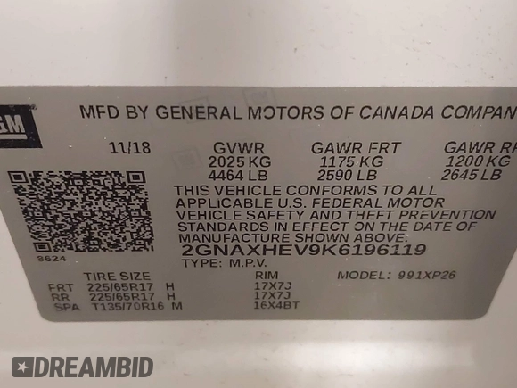 2019 Chevrolet Equinox LS with VIN 2GNAXHEV9K6196119, listed as a IAAI auction lot 41238157 with 83,412 mi miles and . Bid and sale history available at DreamBid. Image 9.