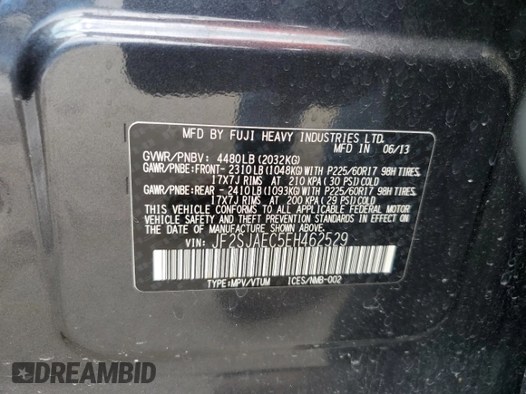 2014 Subaru Forester Premium with VIN JF2SJAEC5EH462529, listed as a Copart auction lot 54244395 with 92,293 mi miles and Salvage title. Bid and sale history available at DreamBid. Image 13.