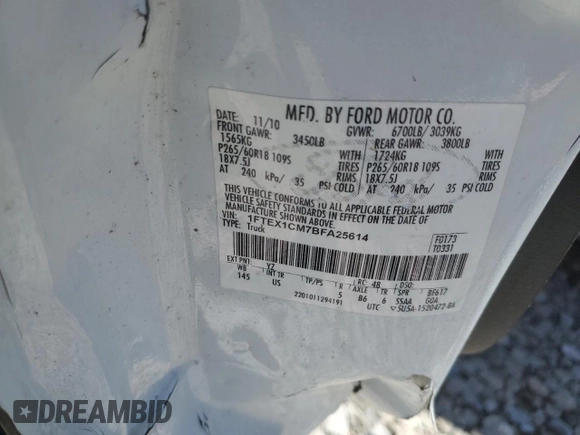 2011 Ford F-150 XL с VIN 1FTEX1CM7BFA25614, выставлен на аукционе Copart как лот 54688065 с пробегом Не указан миль и Списание • Salvage title. История ставок и продаж доступна на DreamBid. Изображение 12.