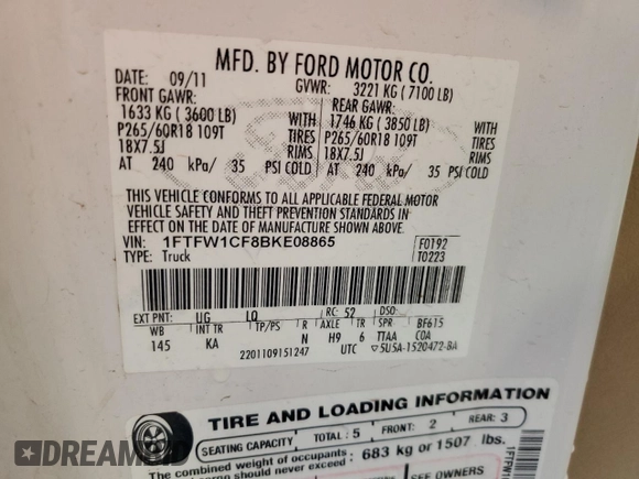 2011 Ford F-150 XL with VIN 1FTFW1CF8BKE08865, listed as a Copart auction lot 55792615 with 75,597 mi miles and Salvage title. Bid and sale history available at DreamBid. Image 13.