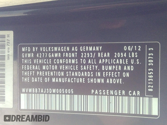 2013 Volkswagen Golf w/Conv & Sunroof с VIN WVWBB7AJ3DW005005, выставлен на аукционе IAAI как лот 41215029 с пробегом 132 922 миль миль и . История ставок и продаж доступна на DreamBid. Изображение 9.