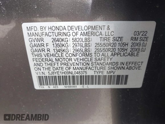 2022 Acura MDX w/A-Spec Package with VIN 5J8YE1H09NL048375, listed as a IAAI auction lot 41746490 with 49,470 mi miles and . Bid and sale history available at DreamBid. Image 9.