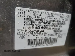 2016 Nissan Versa S with VIN 3N1CN7AP7GL913826, listed as a Copart auction lot 62987695 with 180,433 mi miles and Salvage title. Bid and sale history available at DreamBid. Image 12.