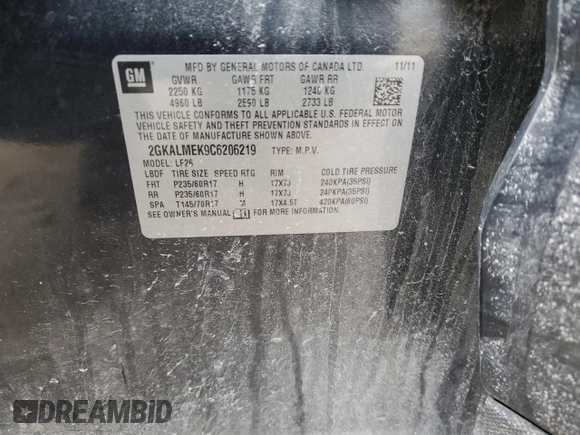 2012 GMC Terrain SLE-1 with VIN 2GKALMEK9C6206219, listed as a Copart auction lot 46154085 with 123,821 mi miles and Salvage Title. Bid and sale history available at carsss.com. Image 14.