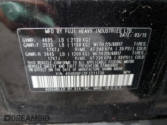 2015 Subaru Outback Premium with VIN 4S4BSBFC8F3311730, listed as a Copart auction lot 59499645 with 127,666 mi miles and Salvage title. Bid and sale history available at DreamBid. Image 12.