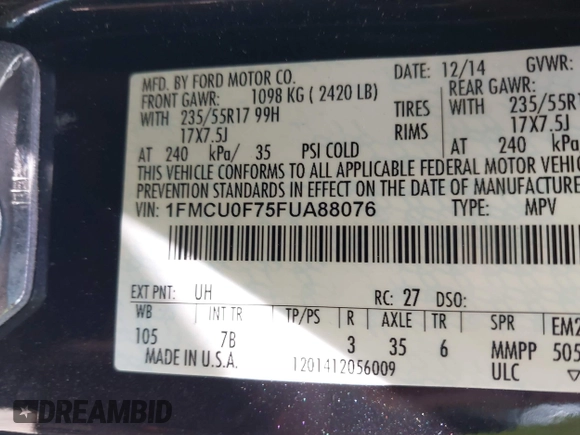2015 Ford Escape S with VIN 1FMCU0F75FUA88076, listed as a IAAI auction lot 42197699 with 143,860 mi miles and . Bid and sale history available at DreamBid. Image 9.