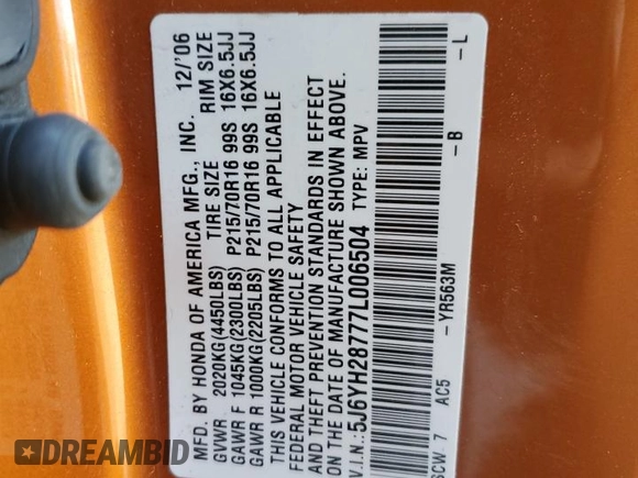 2007 Honda Element EX with VIN 5J6YH28777L006504, listed as a Copart auction lot 52508655 with 71,935 mi miles and Salvage Title. Bid and sale history available at DreamBid. Image 14.
