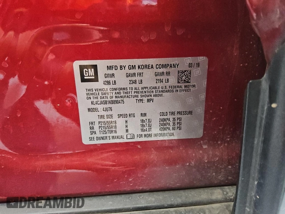 2019 Buick Encore Preferred with VIN KL4CJASB1KB890475, listed as a Copart auction lot 54075045 with 175,245 mi miles and Clean Title. Bid and sale history available at DreamBid. Image 13.