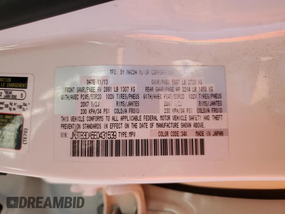 2014 Mazda CX-9 Grand Touring with VIN JM3TB3DA5E0431539, listed as a Copart auction lot 62418005 with 139,686 mi miles and Salvage title. Bid and sale history available at DreamBid. Image 14.