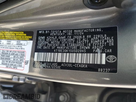 2005 Toyota Camry LE with VIN 4T1BE30K15U502945, listed as a Copart auction lot 62761625 with 235,877 mi miles and Salvage title. Bid and sale history available at DreamBid. Image 13.