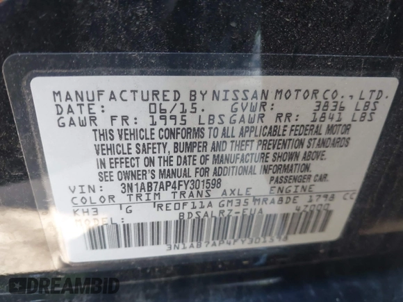 2015 Nissan Sentra SR with VIN 3N1AB7AP4FY301598, listed as a IAAI auction lot 41450677 with 128,708 mi miles and . Bid and sale history available at DreamBid. Image 9.