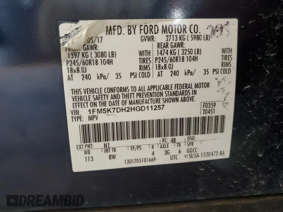 2017 Ford Explorer XLT with VIN 1FM5K7DH2HGD11257, listed as a Copart auction lot 50659045 with 88,409 mi miles and Salvage Title. Bid and sale history available at DreamBid. Image 14.