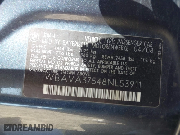 2008 BMW 3 Series 328i with VIN WBAVA37548NL53911, listed as a IAAI auction lot 41749869 with Not Provided miles and . Bid and sale history available at DreamBid. Image 9.