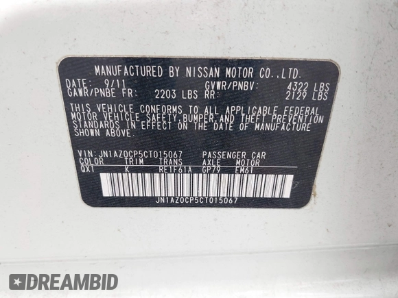 2012 Nissan LEAF SL with VIN JN1AZ0CP5CT015067, listed as a IAAI auction lot 42120094 with 57,793 mi miles. Bid and sale history available at carsss.com. Image 9.