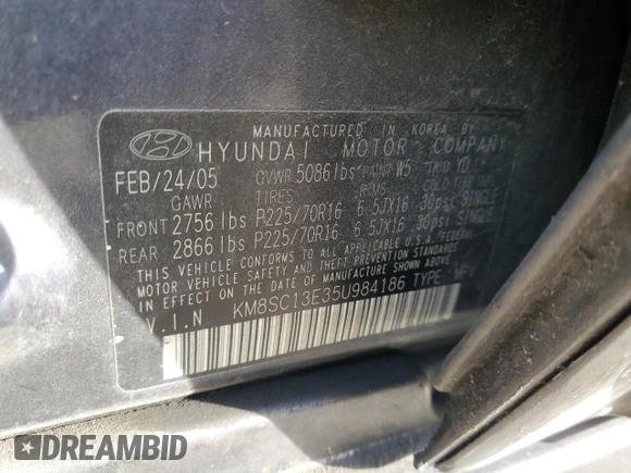 2005 Hyundai Santa Fe GLS with VIN KM8SC13E35U984186, listed as a Copart auction lot 86666474 with 166,965 mi miles and Salvage Title. Bid and sale history available at carsss.com. Image 15.