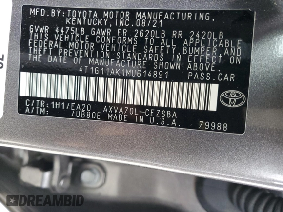 2021 Toyota Camry SE Nightshade with VIN 4T1G11AK1MU614891, listed as a Copart auction lot 42510835 with 86,313 mi miles and Salvage Title. Bid and sale history available at DreamBid. Image 14.