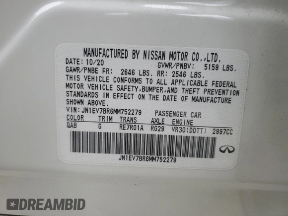 2021 Infiniti Q50 Luxe with VIN JN1EV7BR6MM752279, listed as a Copart auction lot 43903675 with 52,400 mi miles and Salvage Title. Bid and sale history available at carsss.com. Image 12.