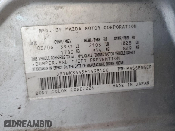 2006 Mazda 3 S Grand Touring with VIN JM1BK344561498166, listed as a Copart auction lot 44906525 with 240,482 mi miles and Clean Title. Bid and sale history available at DreamBid. Image 12.