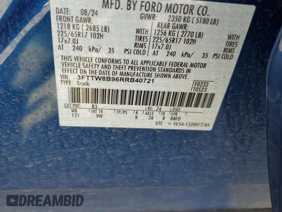 2024 Ford Maverick XL с VIN 3FTTW8B96RRB40721, выставлен на аукционе Copart как лот 56797205 с пробегом 16 984 миль миль и Списание • Salvage title. История ставок и продаж доступна на DreamBid. Изображение 12.