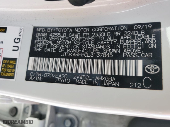2020 Toyota Prius Prime LE with VIN JTDKARFP0L3137845, listed as a Copart auction lot 46270725 with NaN miles and Salvage Title. Bid and sale history available at carsss.com. Image 15.