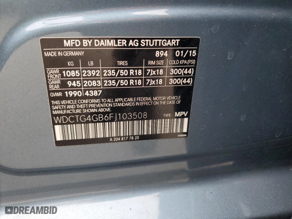 2015 Mercedes-Benz GLA-Class GLA 250 with VIN WDCTG4GB6FJ103508, listed as a Copart auction lot 45350075 with NaN miles and Clean Title. Bid and sale history available at carsss.com. Image 12.