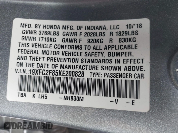 2019 Honda Civic Sedan Sport with VIN 19XFC2F85KE200828, listed as a IAAI auction lot 41807119 with 76,490 mi miles. Bid and sale history available at carsss.com. Image 9.