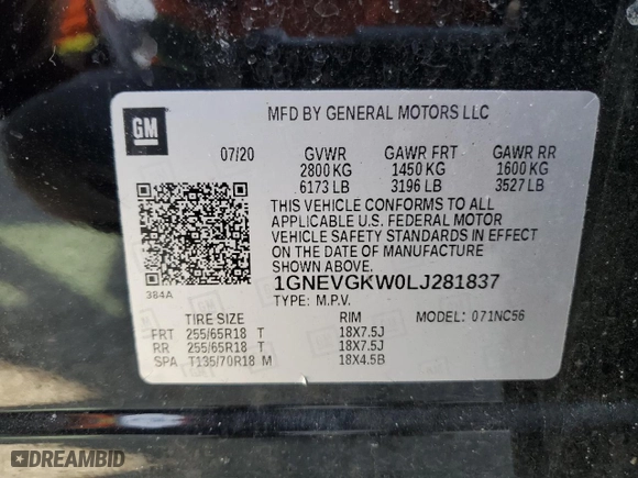 2020 Chevrolet Traverse LT Cloth with VIN 1GNEVGKW0LJ281837, listed as a Copart auction lot 48667695 with 90,864 mi miles and Salvage Title. Bid and sale history available at carsss.com. Image 13.